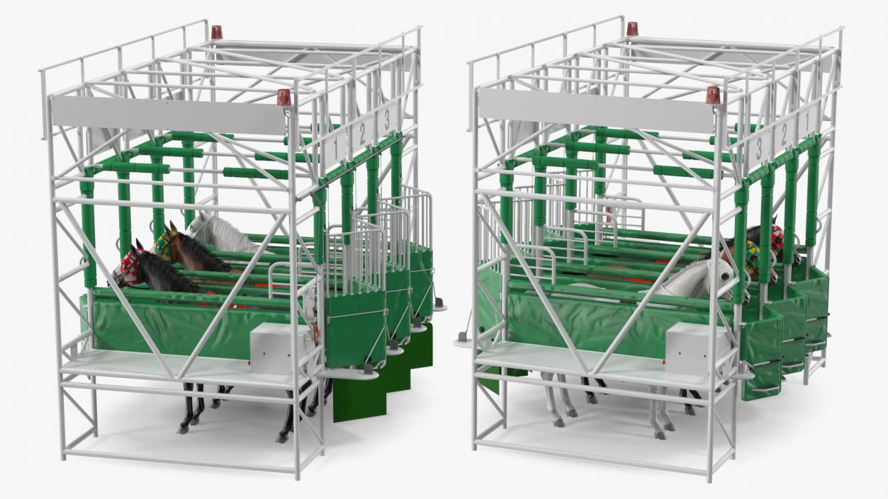 3D model Starting Gates with 3 Racing Horses