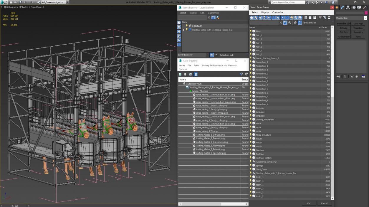 3D model Starting Gates with 3 Racing Horses