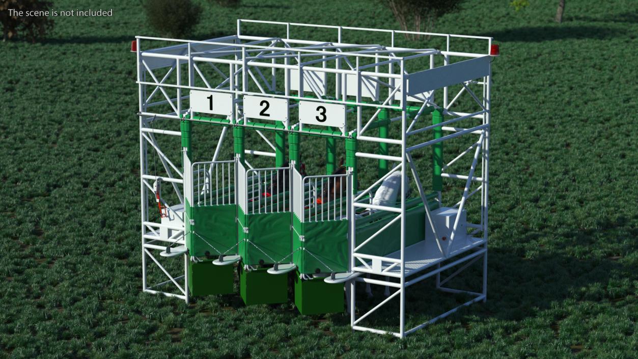 3D model Starting Gates with 3 Racing Horses