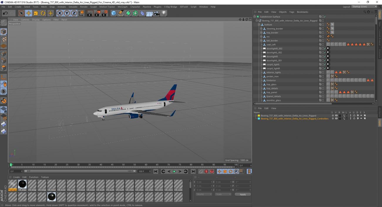 3D model Boeing 737 800 with Interior Delta Air Lines Rigged for Cinema 4D