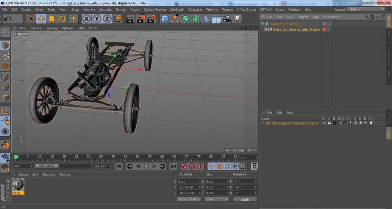 Retro Car Chassis with Engine 3D model