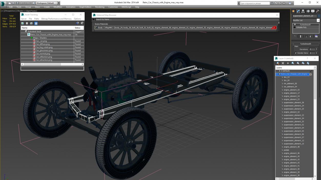 Retro Car Chassis with Engine 3D model