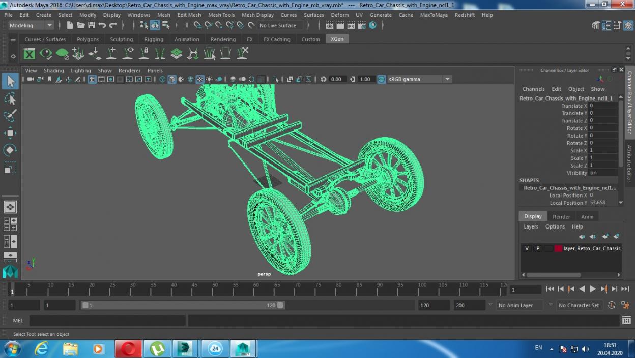 Retro Car Chassis with Engine 3D model