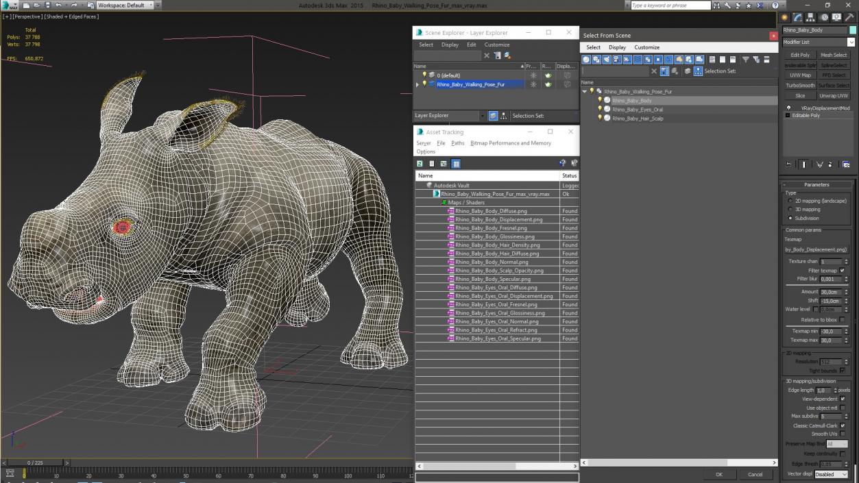 Rhino Baby Walking Pose Fur 3D