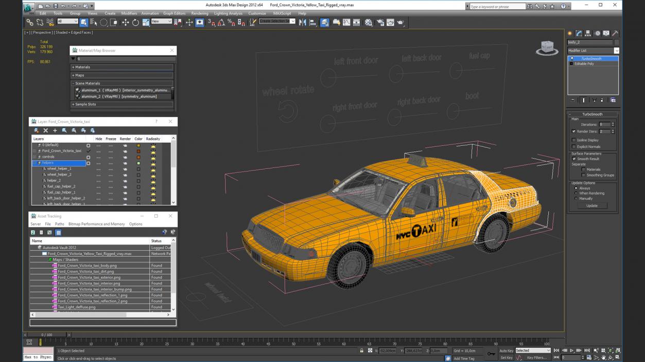 3D Ford Crown Victoria Yellow Taxi 2011 Rigged model