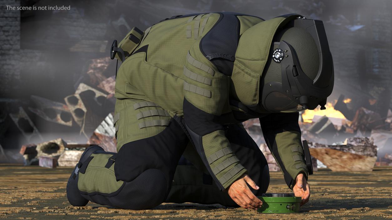 3D Man in Bomb Suit EOD 10 Disarms Mine