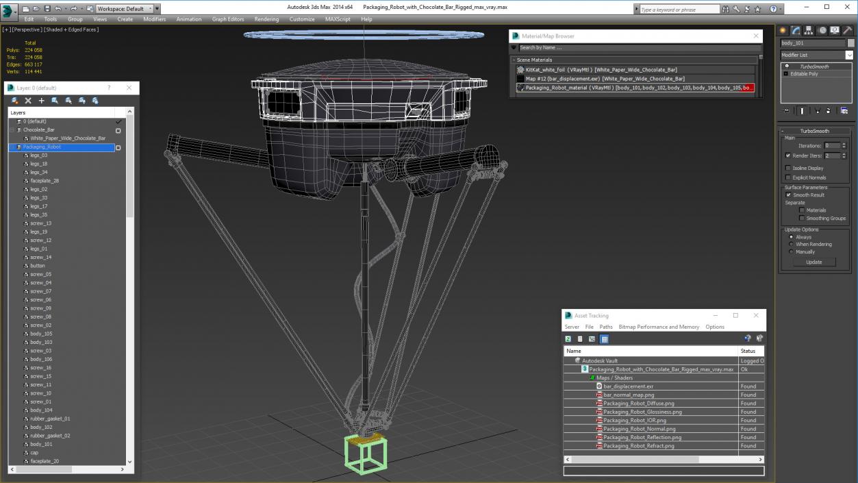 3D Packaging Robot with Chocolate Bar Rigged