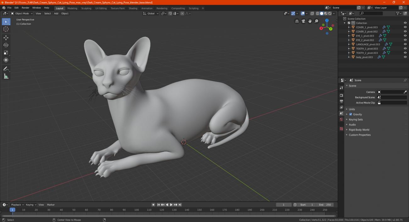 Dark Cream Sphynx Cat Lying Pose 3D