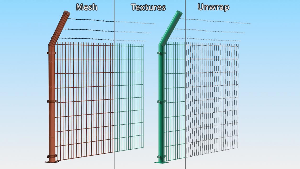 3D Mesh Fence With Barber Wire Green model