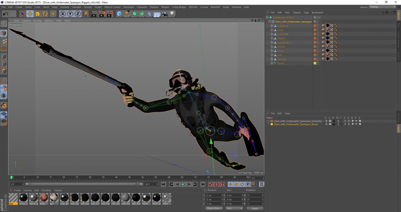 3D Diver with Underwater Speargun Rigged for Cinema 4D