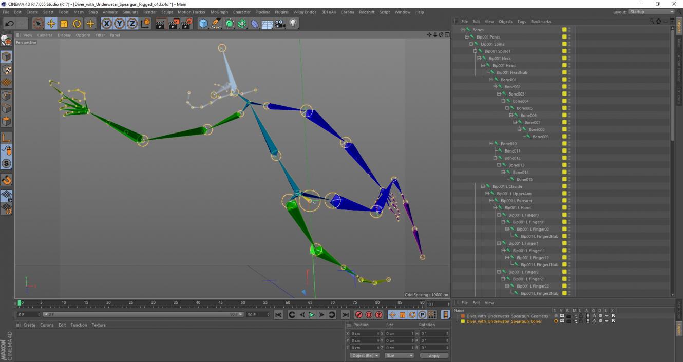 3D Diver with Underwater Speargun Rigged for Cinema 4D