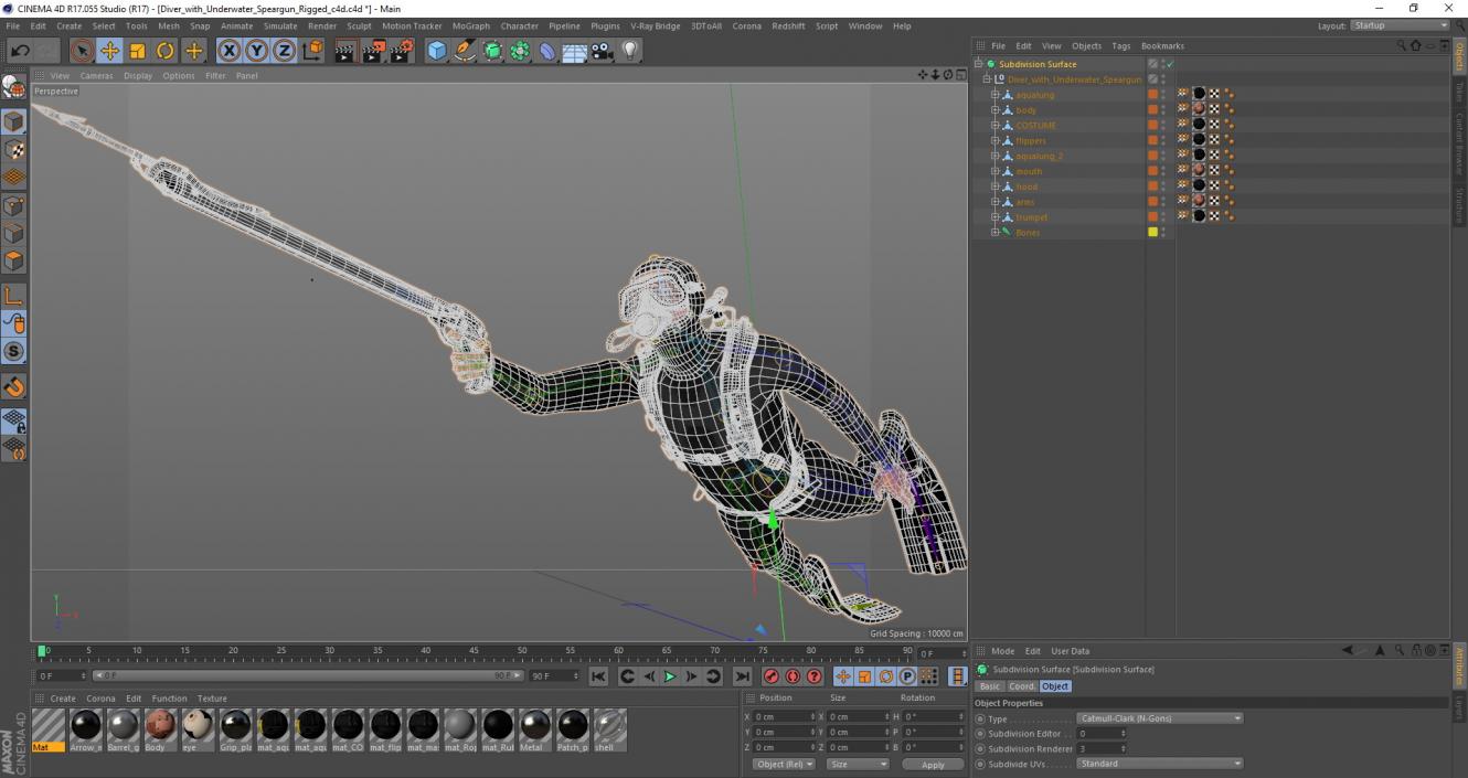 3D Diver with Underwater Speargun Rigged for Cinema 4D