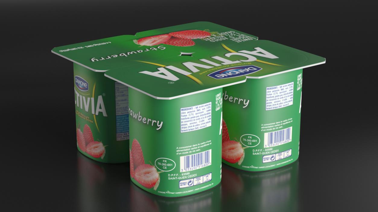 3D Yogurt Dannon Activia Strawberry Pack 4 Pcs model