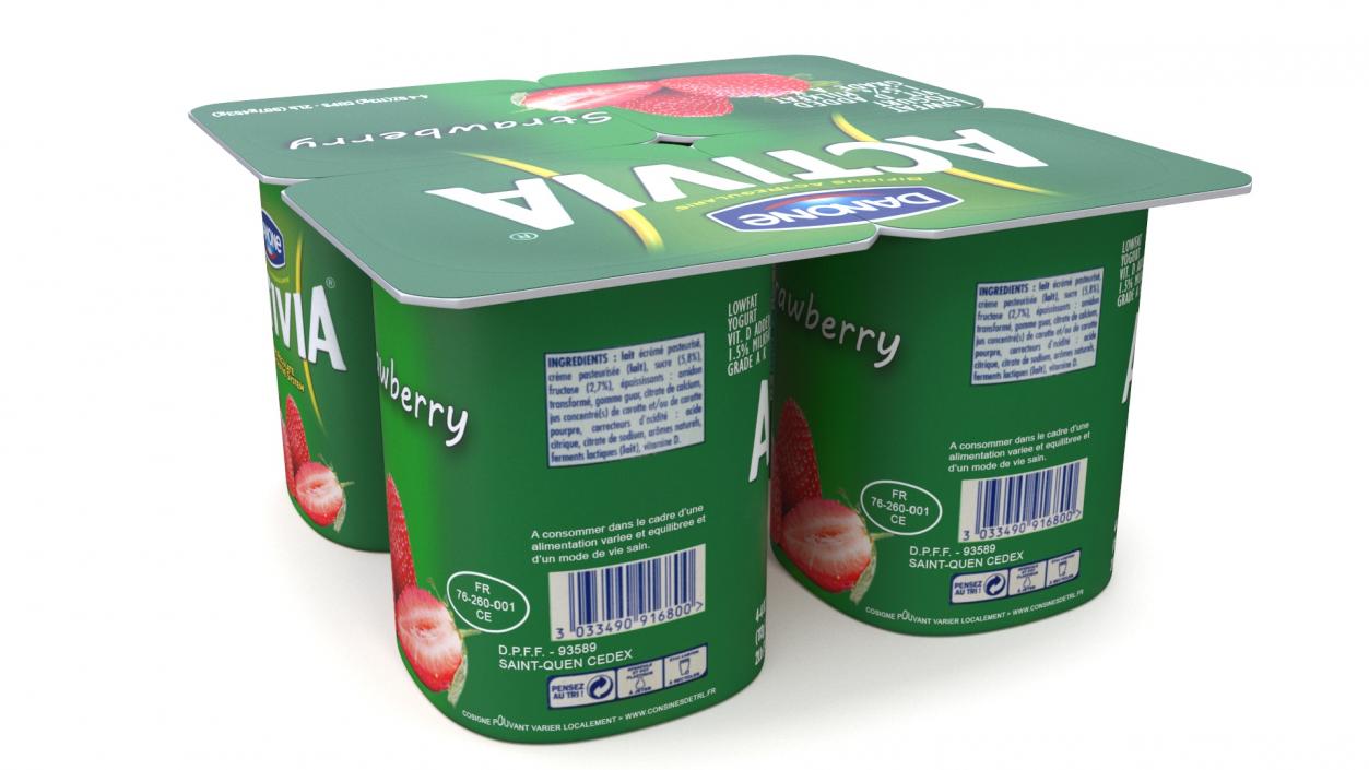 3D Yogurt Dannon Activia Strawberry Pack 4 Pcs model