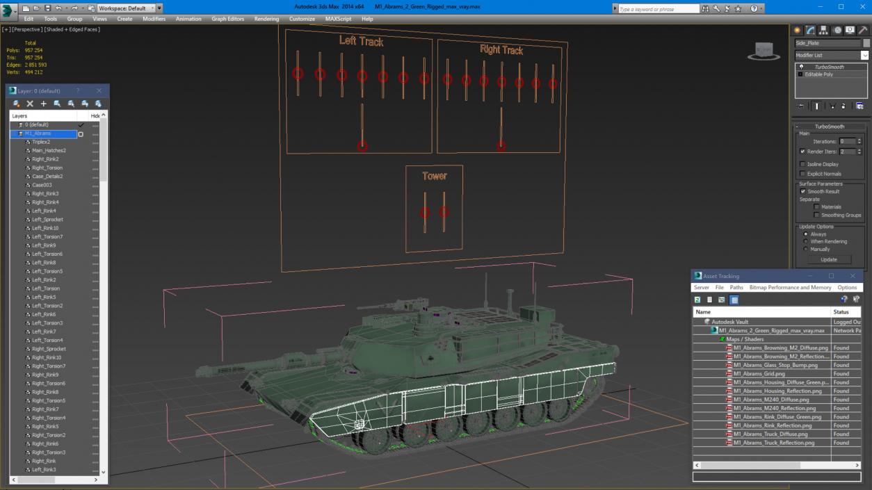 3D Toy M1 Abrams 2 Green Rigged model