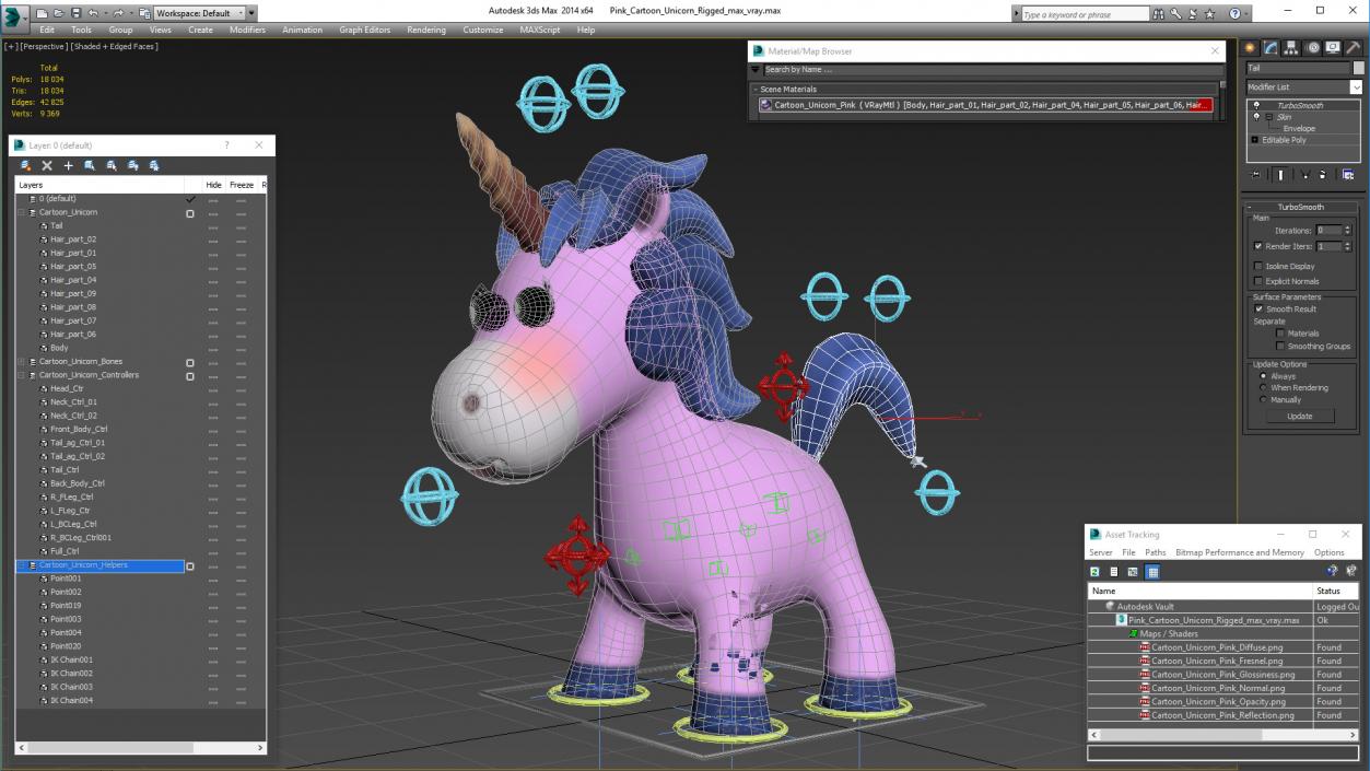 Pink Cartoon Unicorn Rigged 3D