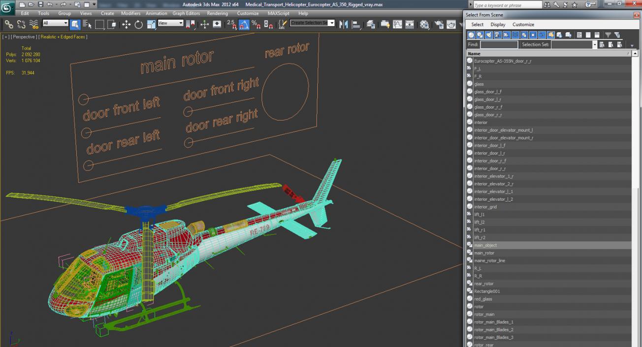 3D Medical Transport Helicopter Eurocopter AS 350 Rigged model