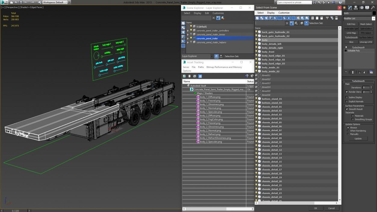 3D model Concrete Panel Semi Trailer Empty Rigged