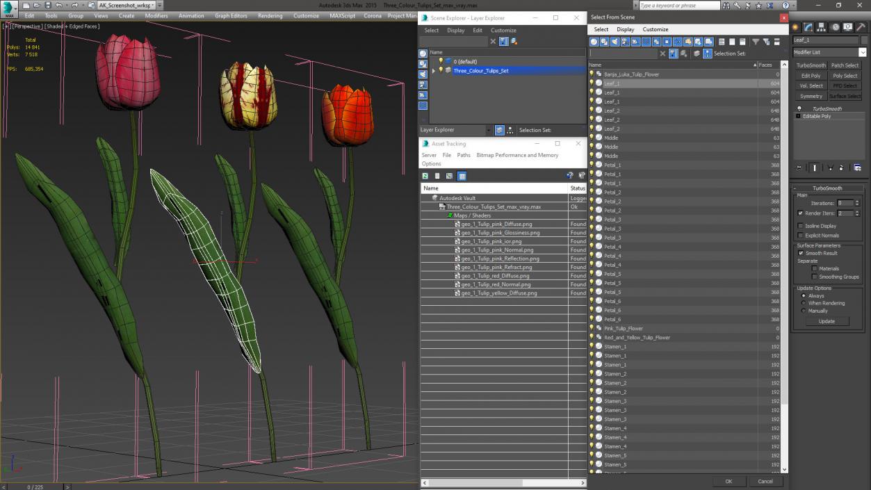 3D Three Colour Tulips Set model