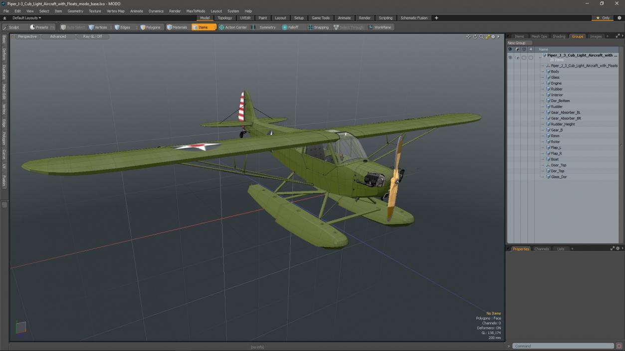 3D model Piper J-3 Cub Light Aircraft with Floats