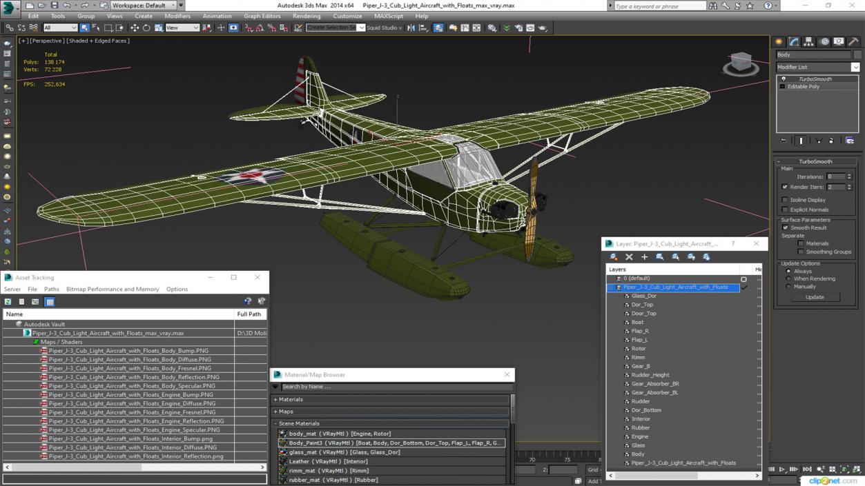 3D model Piper J-3 Cub Light Aircraft with Floats