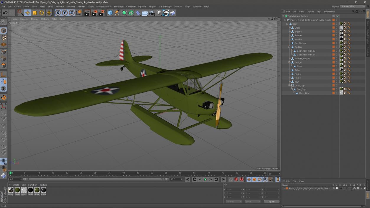 3D model Piper J-3 Cub Light Aircraft with Floats