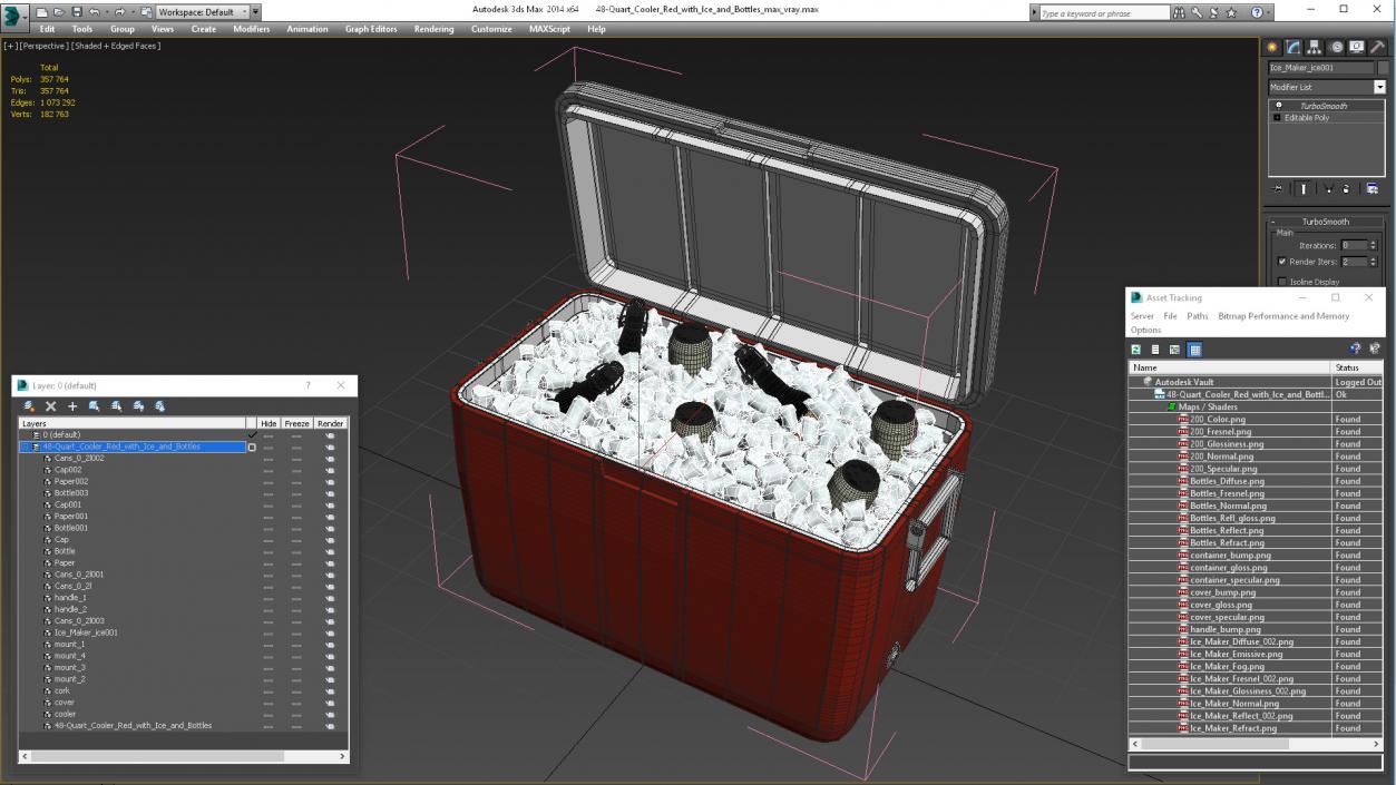 3D model 48-Quart Cooler Red with Ice and Bottles