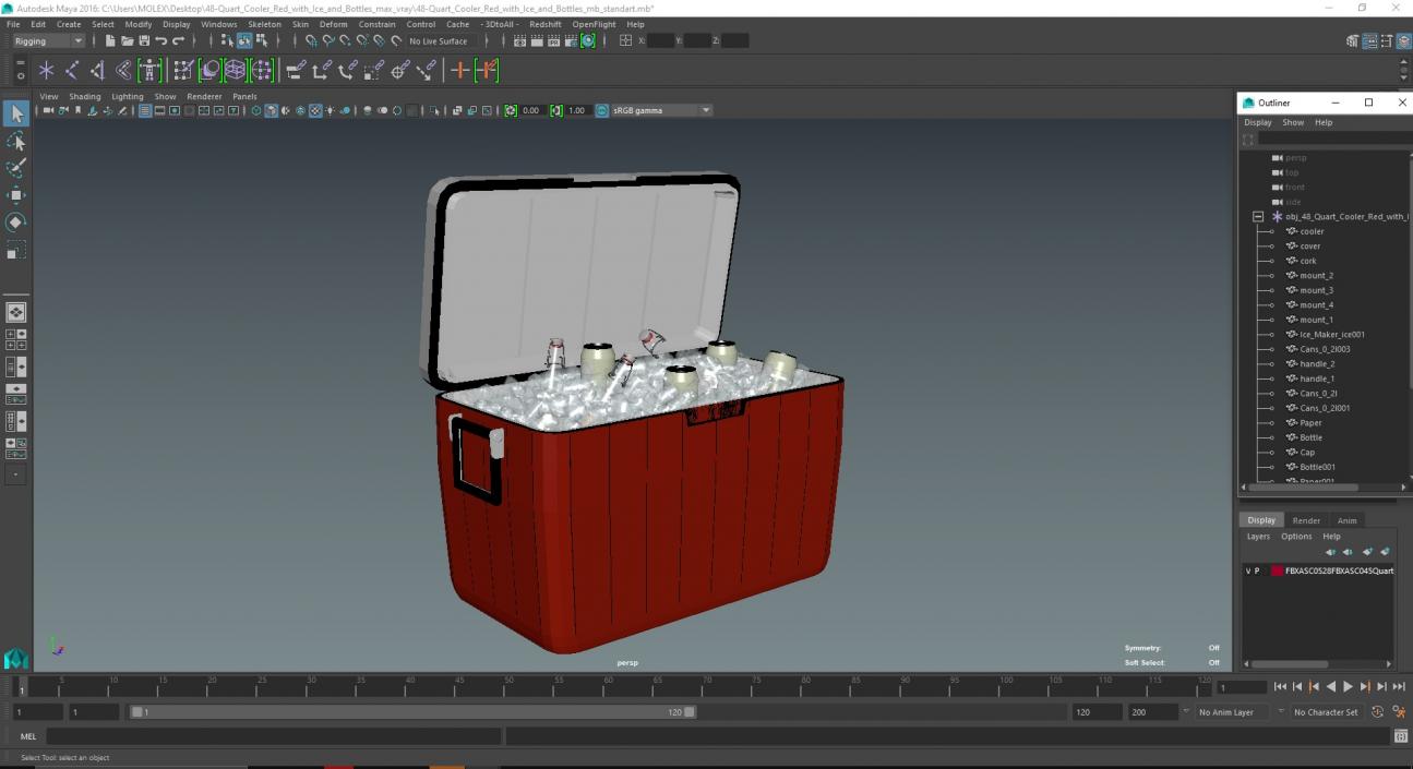 3D model 48-Quart Cooler Red with Ice and Bottles