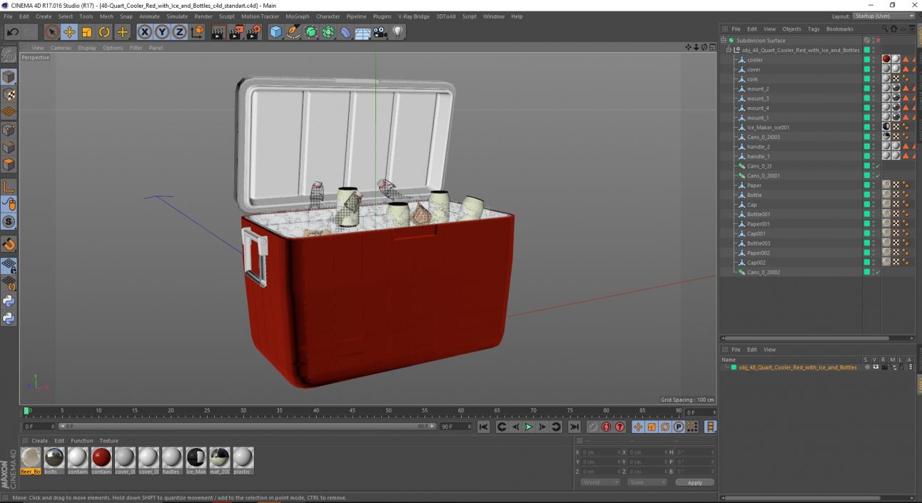 3D model 48-Quart Cooler Red with Ice and Bottles