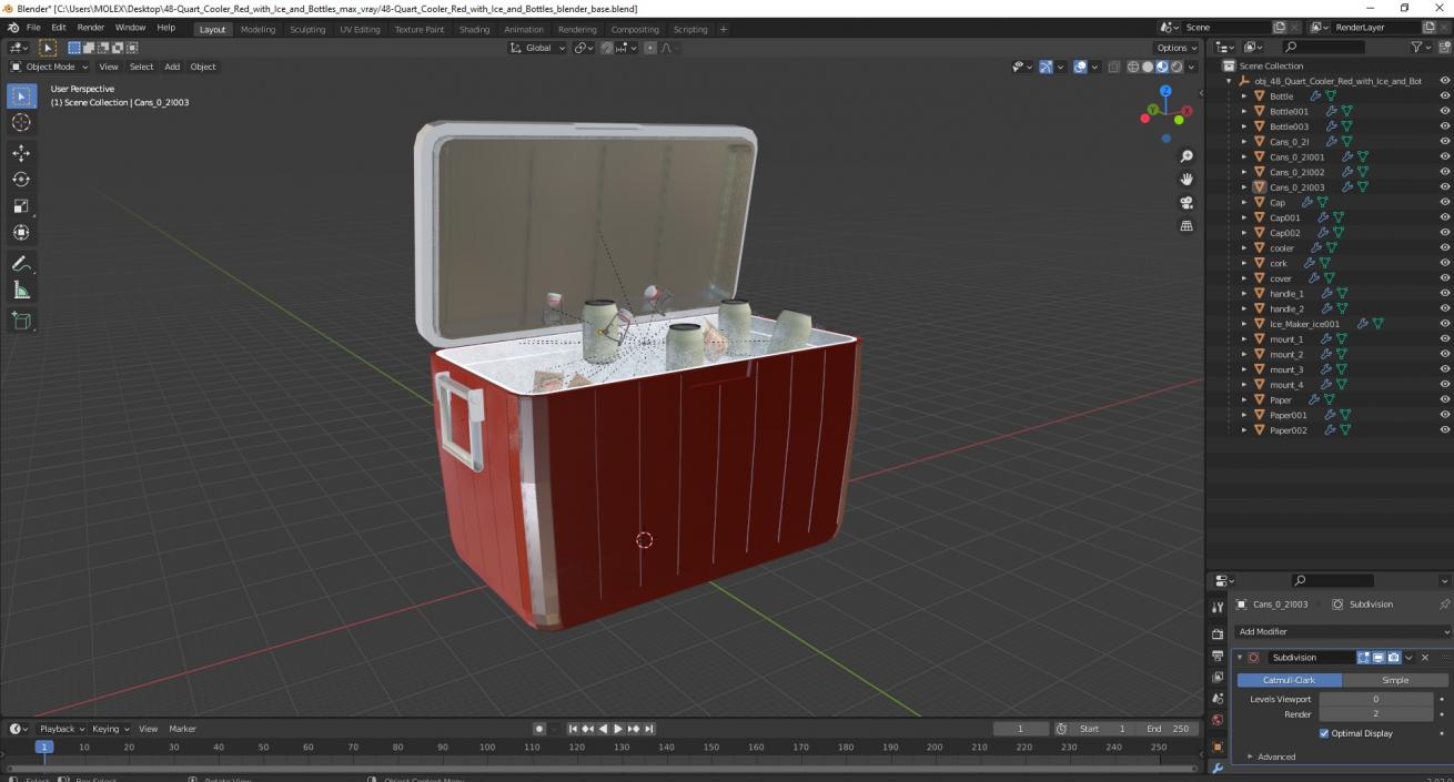 3D model 48-Quart Cooler Red with Ice and Bottles