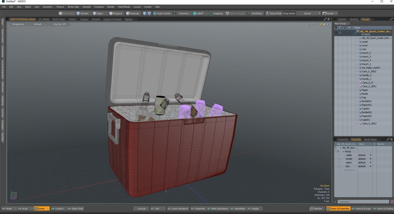 3D model 48-Quart Cooler Red with Ice and Bottles