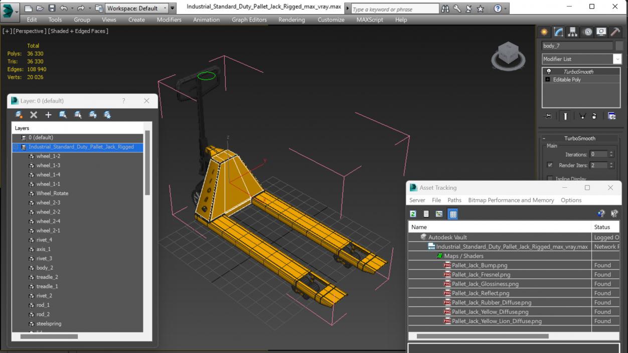 Industrial Standard Duty Pallet Jack Rigged for Maya 3D