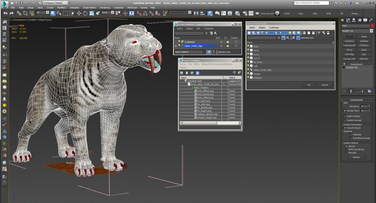 3D Arctic Saber Tooth Cat Growls Pose with Fur model