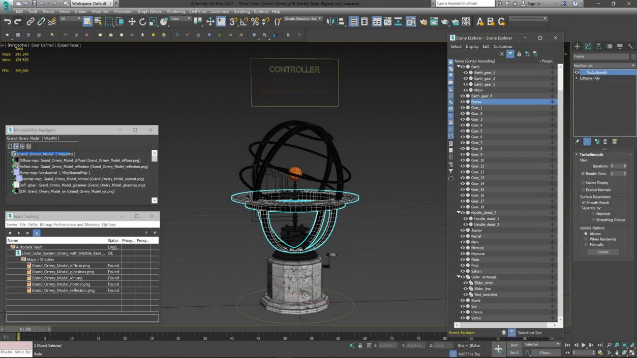 3D model Silver Solar System Orrery with Marble Base Rigged