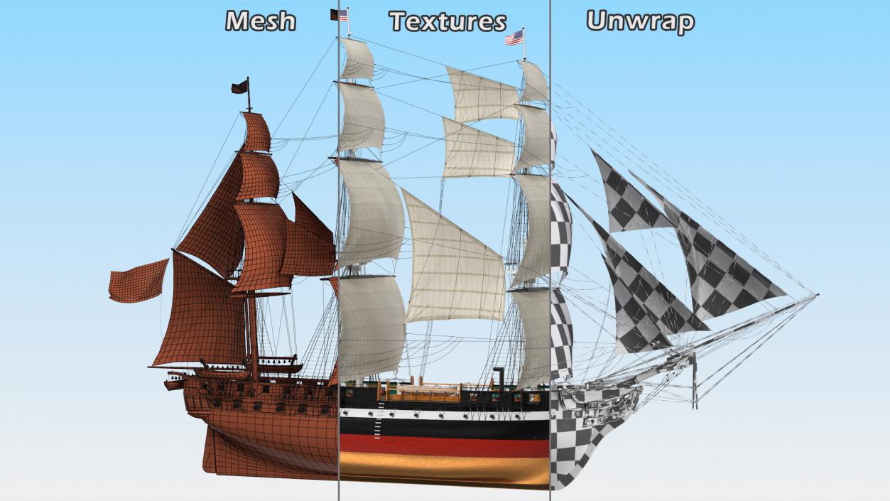 3D USS Constitution Heavy Frigate Raised Sails model