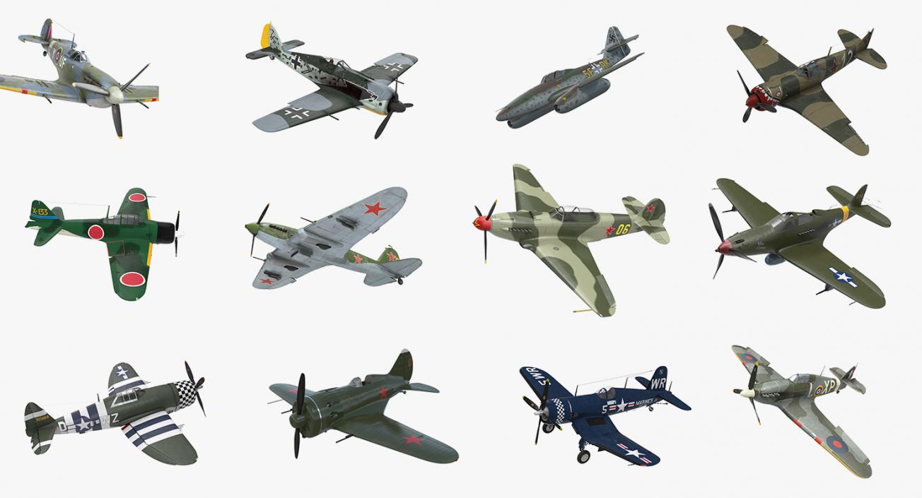 WWII Rigged Fighter Aircraft Collection 3D model