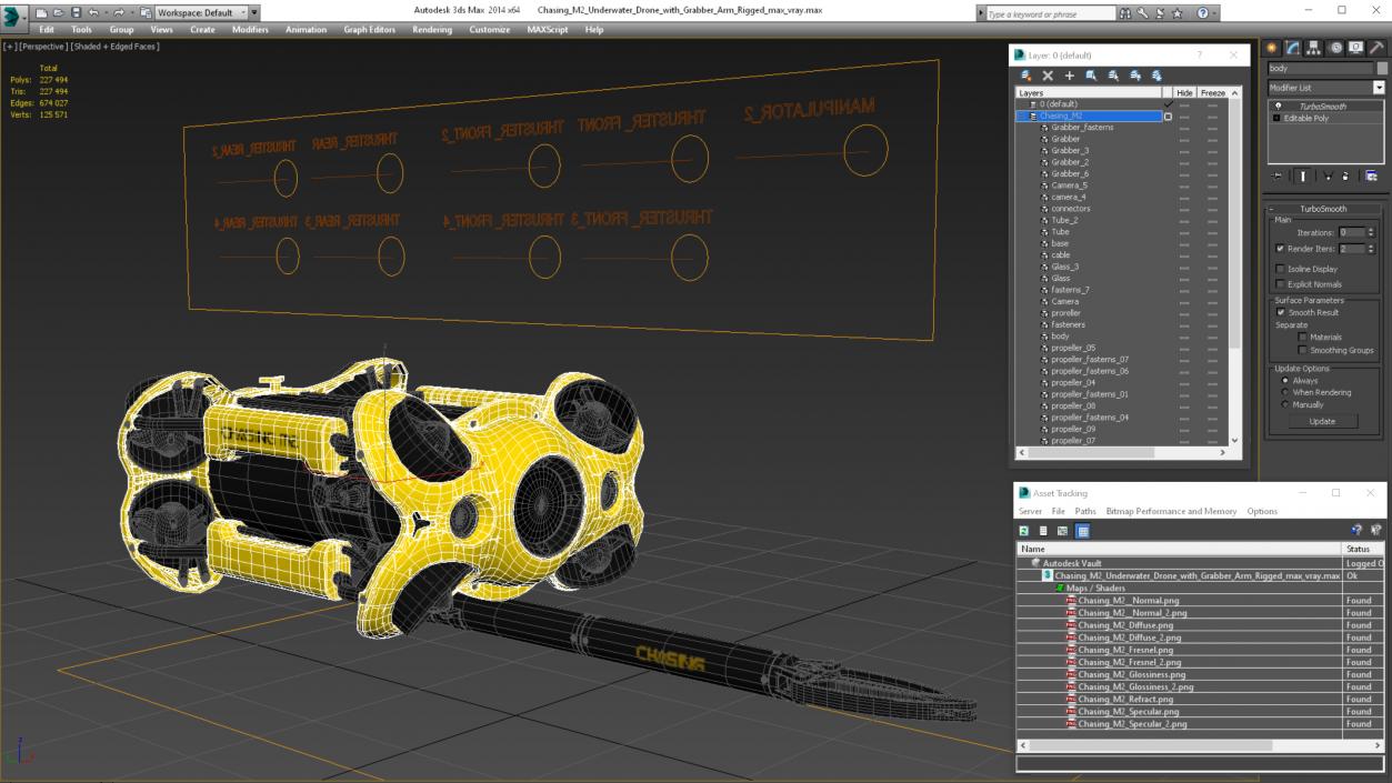 3D Chasing M2 Underwater Drone with Grabber Arm Rigged