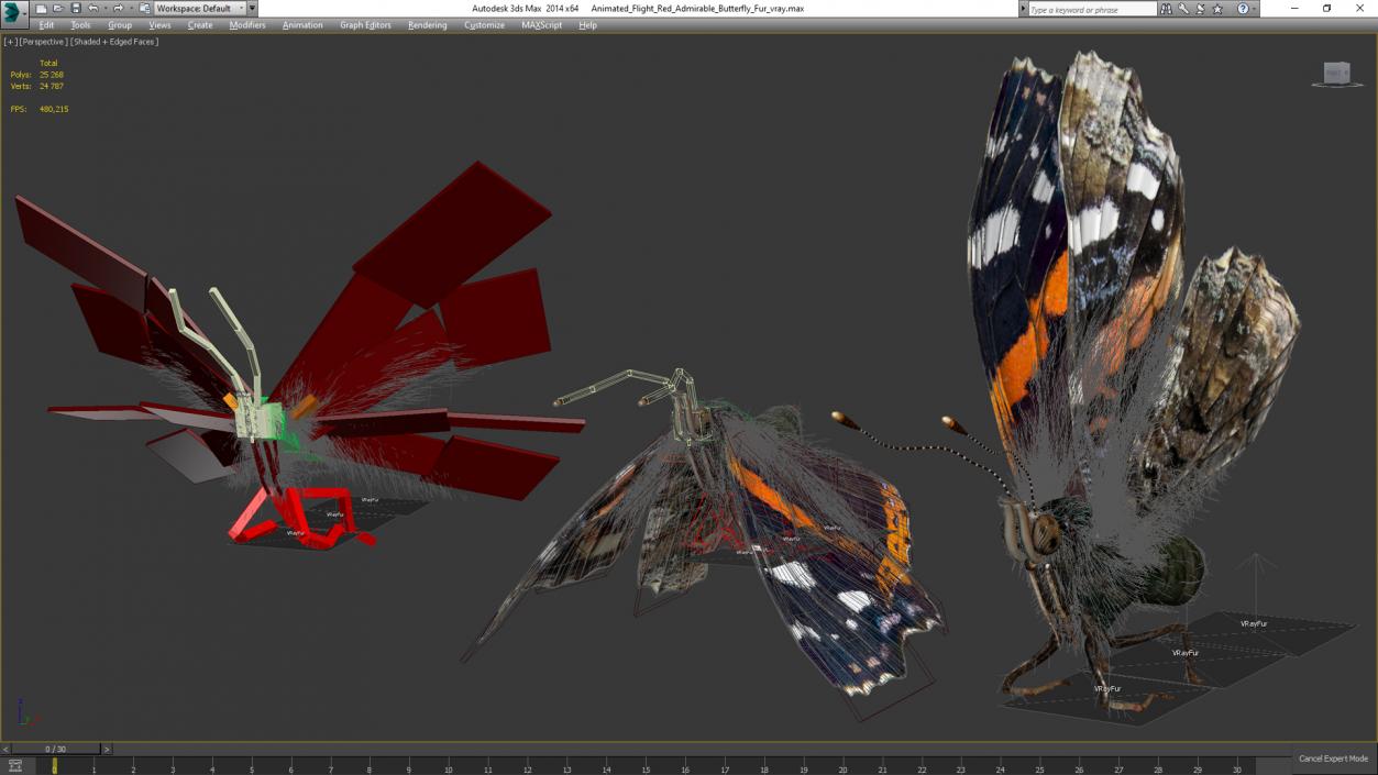 3D Animated Flight Red Admirable Butterfly Fur model