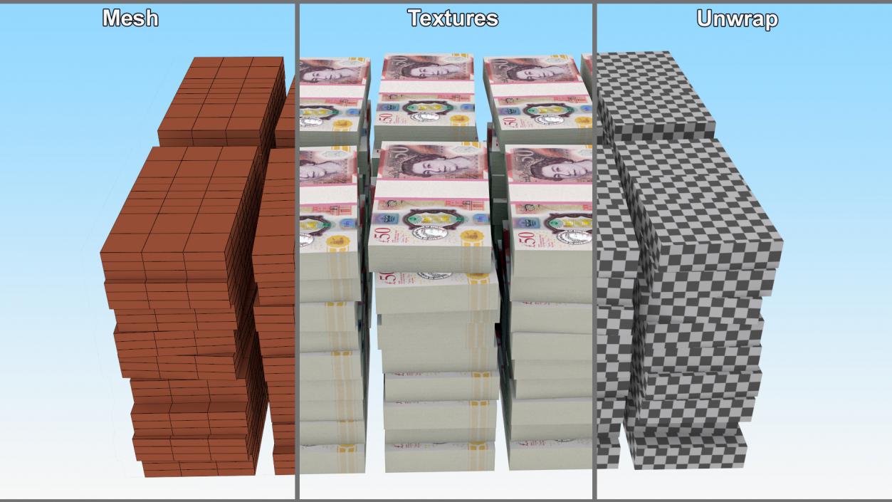 British Currency 50 Pounds Banknotes Stack 3D