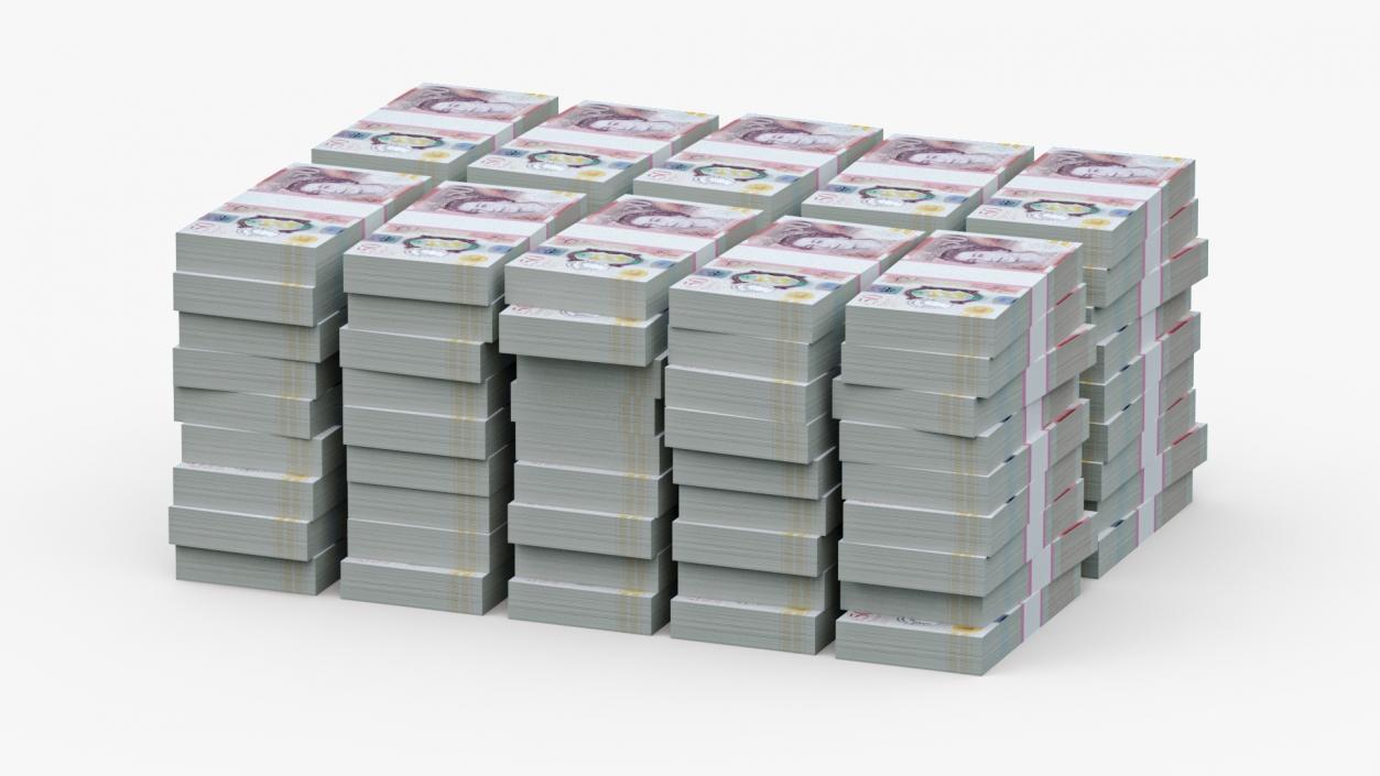 British Currency 50 Pounds Banknotes Stack 3D