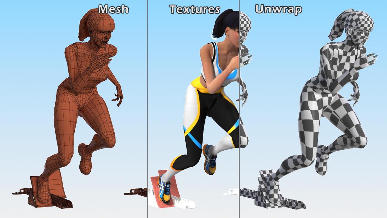 3D Woman Athlete Starting Pose with Block model