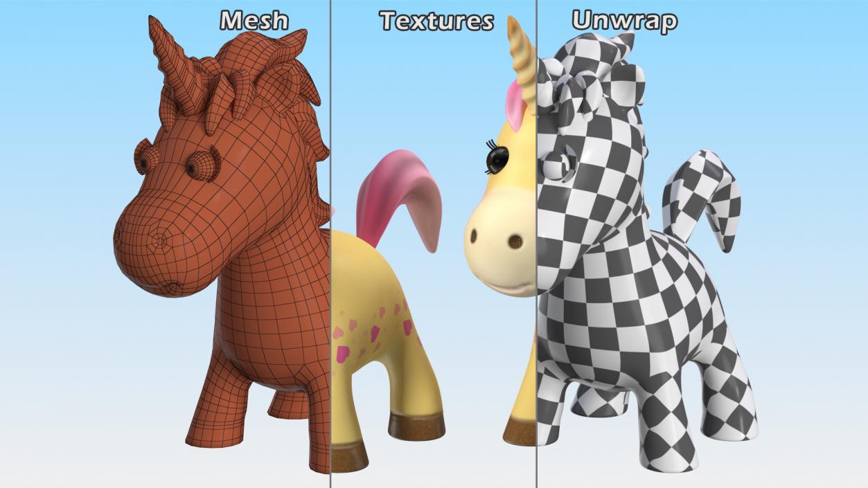 Yellow Cartoon Unicorn Rigged 3D model