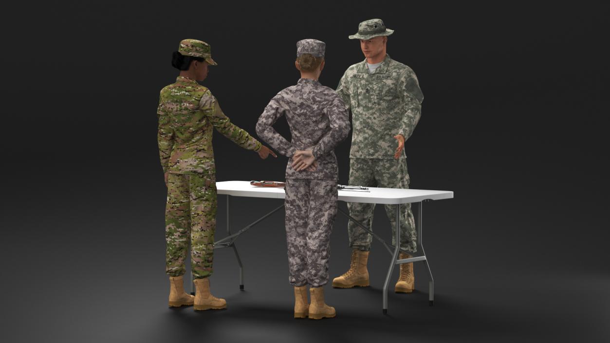 3D Military Personnel Discussing Weapons Fur