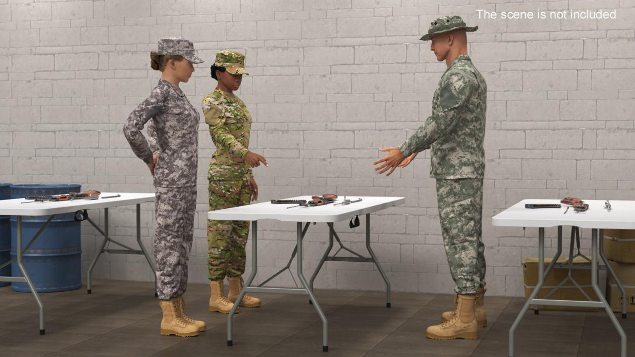 3D Military Personnel Discussing Weapons Fur