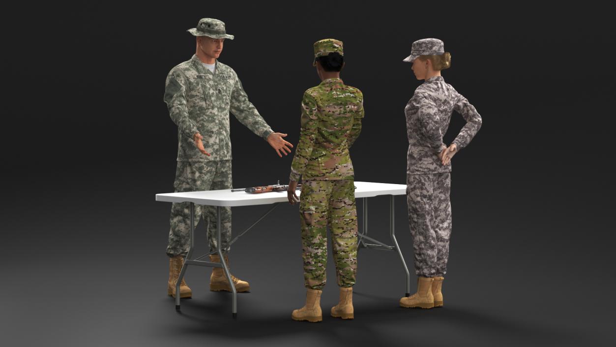 3D Military Personnel Discussing Weapons Fur