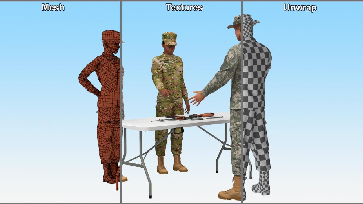 3D Military Personnel Discussing Weapons Fur