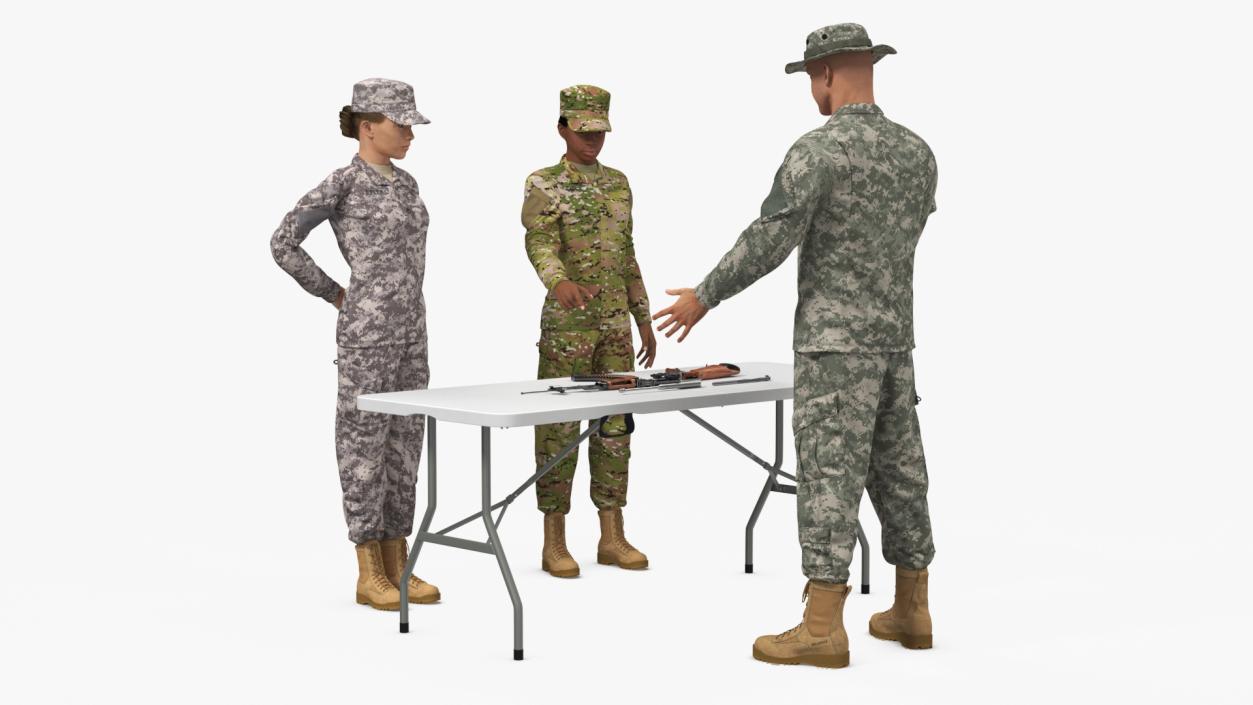 3D Military Personnel Discussing Weapons Fur