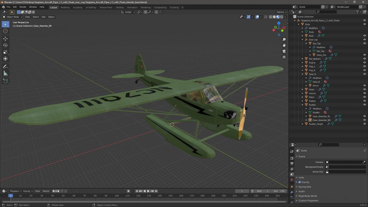 Seaplane Aircraft Piper J-3 with Floats 3D model