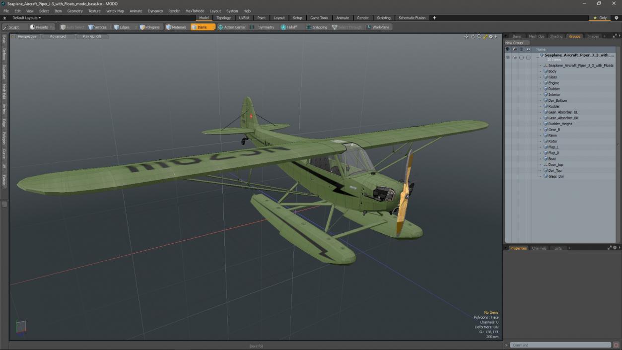 Seaplane Aircraft Piper J-3 with Floats 3D model