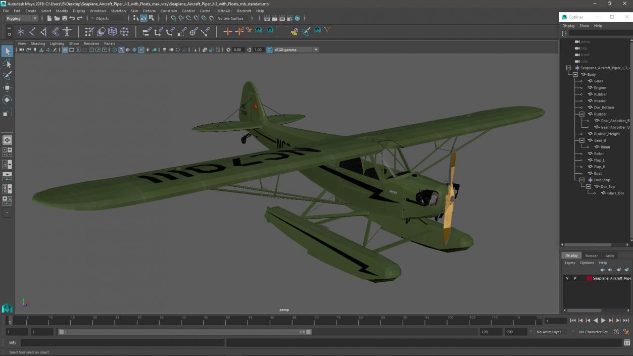 Seaplane Aircraft Piper J-3 with Floats 3D model